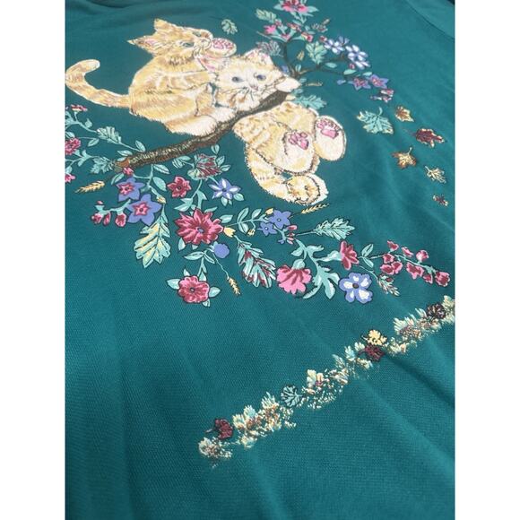 Vintage Basic Editions Teal Large Playful Kittens Floral Sweatshirt Turtleneck - Picture 8 of 12
